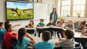 Students and teacher watching a virtual field trip on a screen in a classroom.